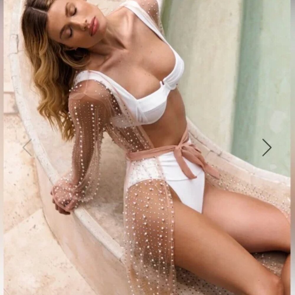 Beach Bunny Late Nights Pearl Mesh Cardigan- Nude